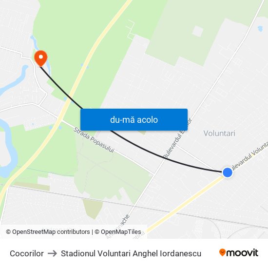 Harta de Cocorilor către Stadionul Voluntari Anghel Iordanescu