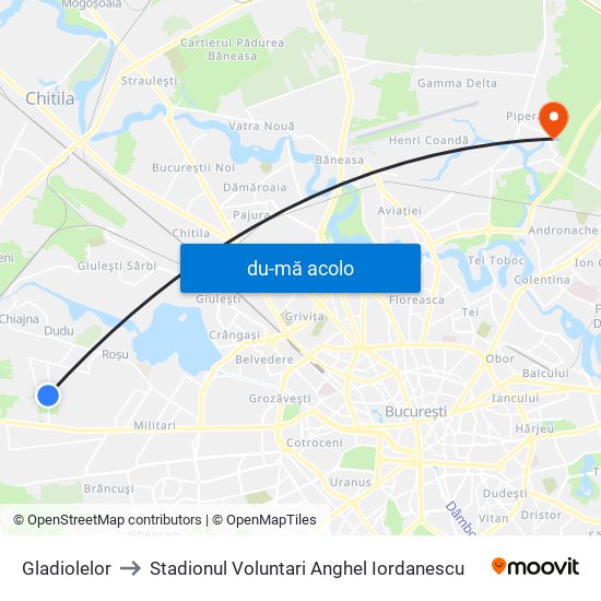 Harta de Gladiolelor către Stadionul Voluntari Anghel Iordanescu