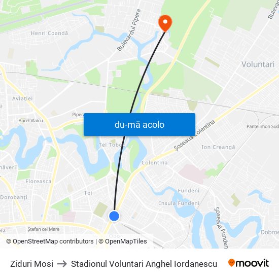 Harta de Ziduri Mosi către Stadionul Voluntari Anghel Iordanescu