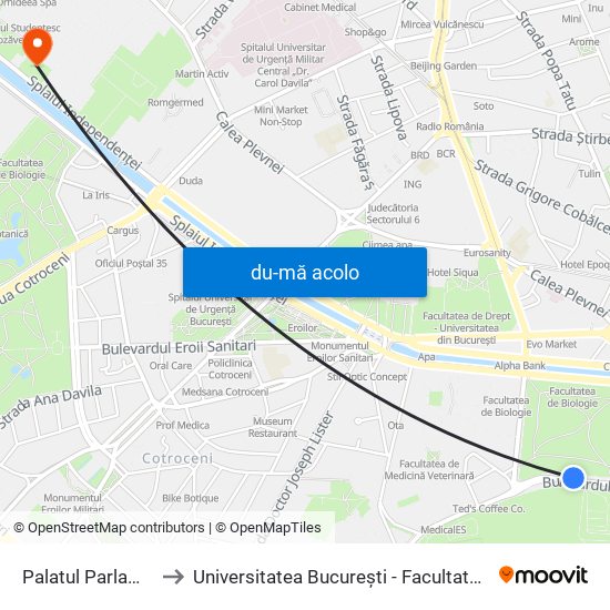Harta de Palatul Parlamentului către Universitatea București - Facultatea De Filosofie