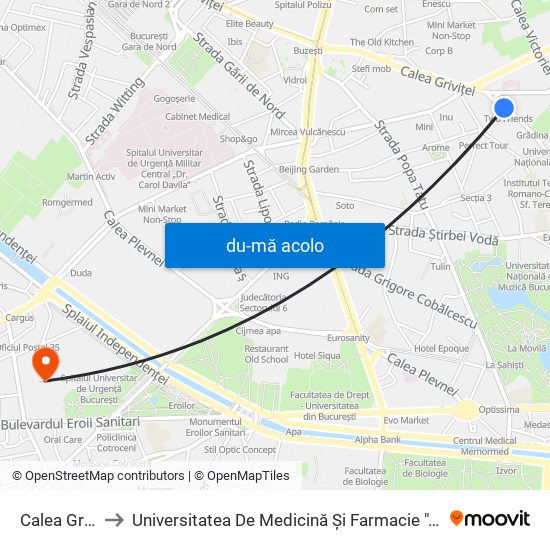 Harta de Calea Grivitei către Universitatea De Medicină Și Farmacie ""Carol Davila""
