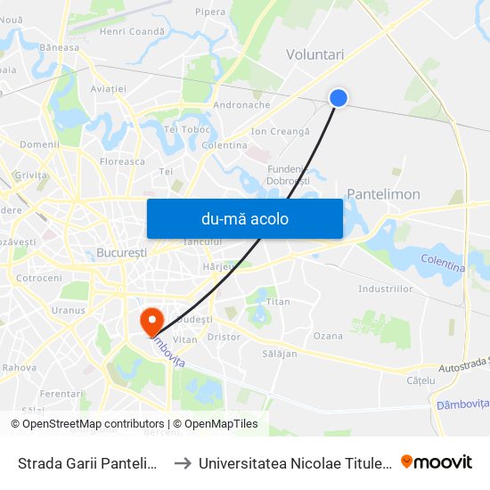 Harta de Strada Garii Pantelimon către Universitatea Nicolae Titulescu