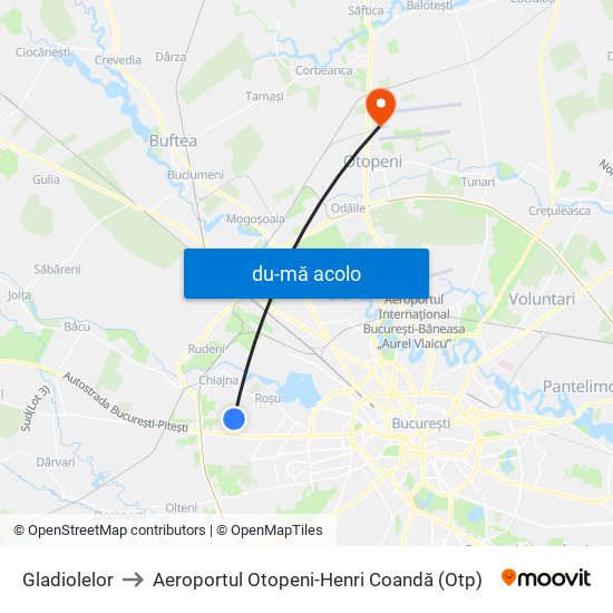 Harta de Gladiolelor către Aeroportul Otopeni-Henri Coandă (Otp)