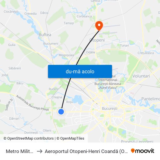 Harta de Metro Militari către Aeroportul Otopeni-Henri Coandă (Otp)