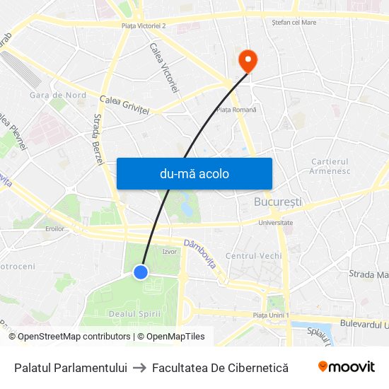 Harta de Palatul Parlamentului către Facultatea De Cibernetică