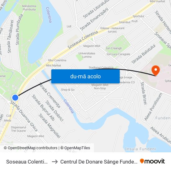 Harta de Soseaua Colentina către Centrul De Donare Sânge Fundeni