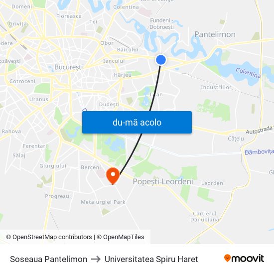Harta de Soseaua Pantelimon către Universitatea Spiru Haret