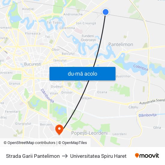Harta de Strada Garii Pantelimon către Universitatea Spiru Haret