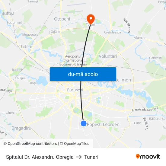Harta de Spitalul Dr. Alexandru Obregia către Tunari