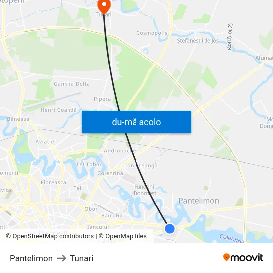 Harta de Pantelimon către Tunari