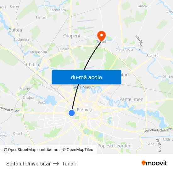 Harta de Spitalul Universitar către Tunari