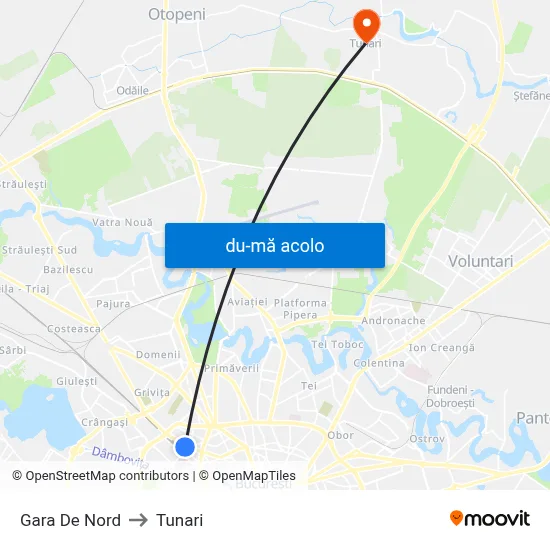 Harta de Gara De Nord către Tunari
