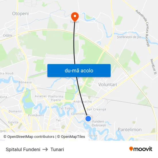 Harta de Spitalul Fundeni către Tunari