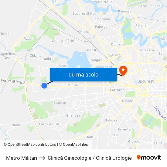 Harta de Metro Militari către Clinică Ginecologie / Clinică Urologie