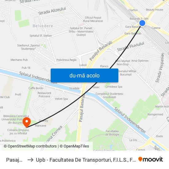 Harta de Pasajul Basarab către Upb - Facultatea De Transporturi, F.I.L.S., Facultatea De Știință Și Ingineria Materialelor