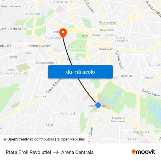 Harta de Piata Eroii Revolutiei către Arena Centrală