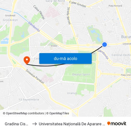 Harta de Gradina Cismigiu către Universitatea Națională De Aparare ""Carol I""