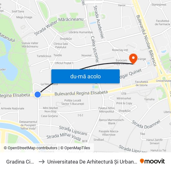 Harta de Gradina Cismigiu către Universitatea De Arhitectură Și Urbanism Ion Mincu