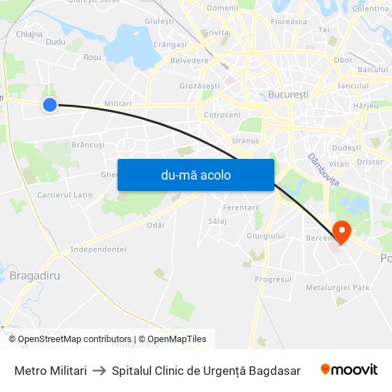 Harta de Metro Militari către Spitalul Clinic de Urgență Bagdasar