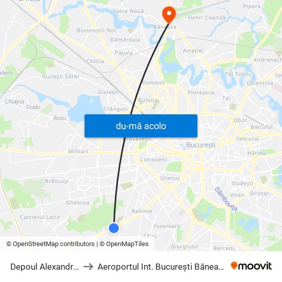 Harta de Depoul Alexandria către Aeroportul Int. București Băneasa