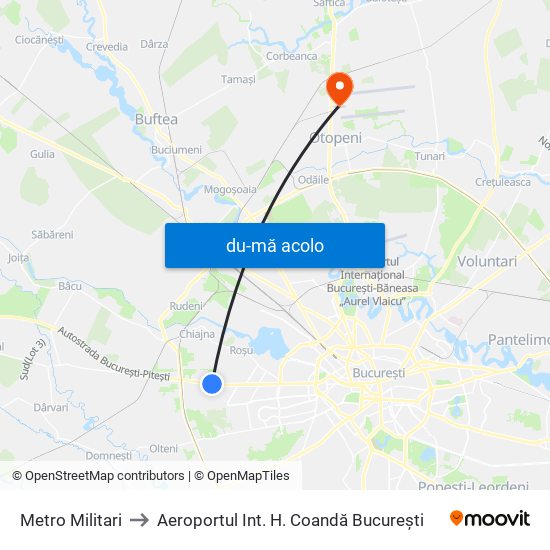 Harta de Metro Militari către Aeroportul Int. H. Coandă București