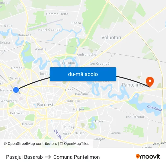 Harta de Pasajul Basarab către Comuna Pantelimon