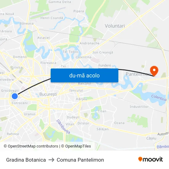 Harta de Gradina Botanica către Comuna Pantelimon