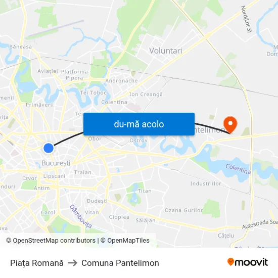 Harta de Piața Romană către Comuna Pantelimon