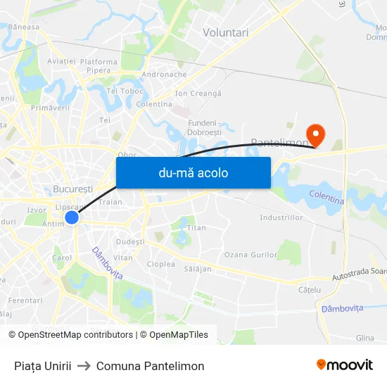 Harta de Piața Unirii către Comuna Pantelimon