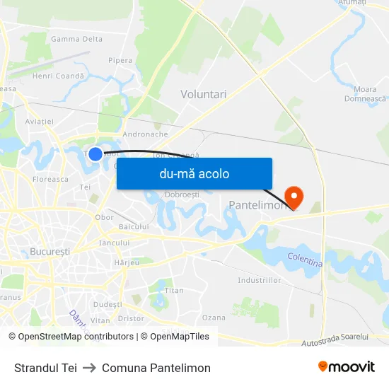 Harta de Strandul Tei către Comuna Pantelimon