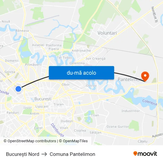 Harta de Bucureşti Nord către Comuna Pantelimon