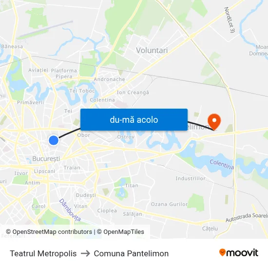 Harta de Teatrul Metropolis către Comuna Pantelimon