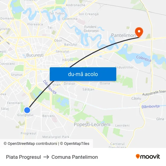 Harta de Piata Progresul către Comuna Pantelimon