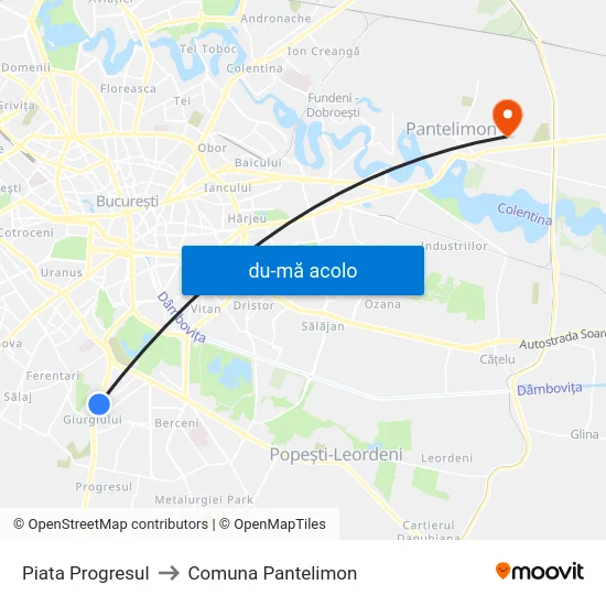 Harta de Piata Progresul către Comuna Pantelimon