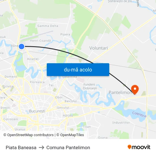 Harta de Piata Baneasa către Comuna Pantelimon