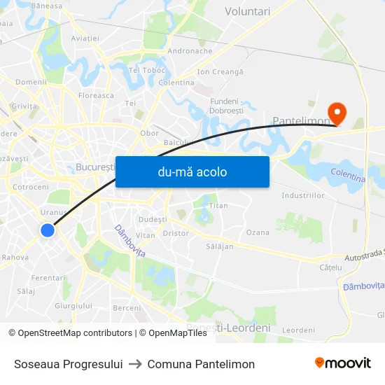 Harta de Soseaua Progresului către Comuna Pantelimon