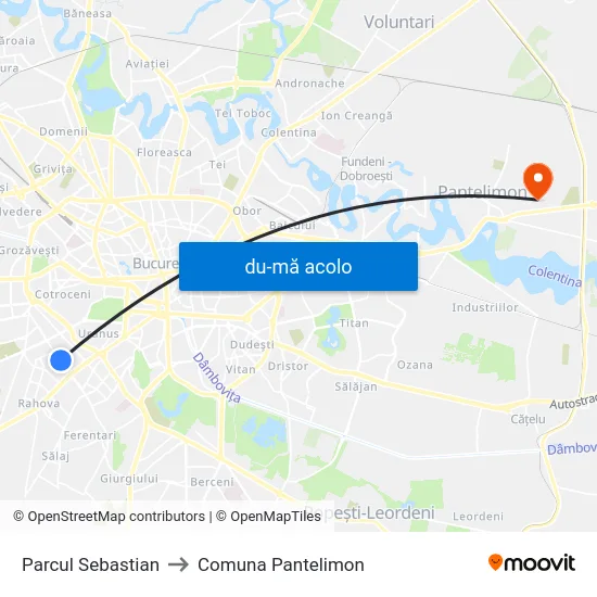 Harta de Parcul Sebastian către Comuna Pantelimon