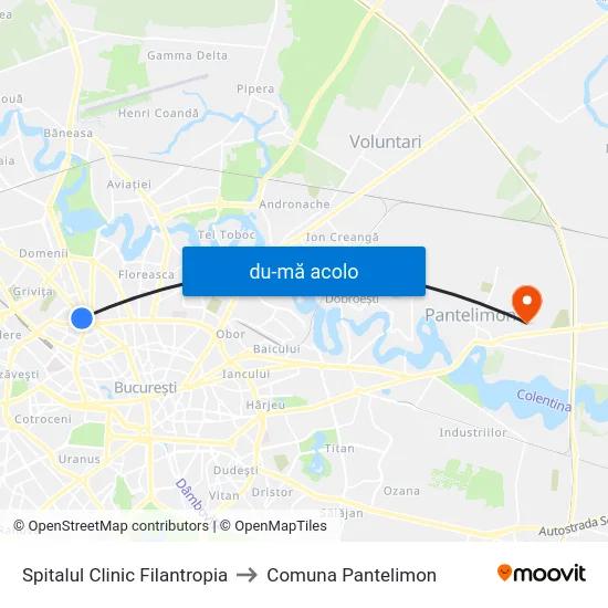 Harta de Spitalul Clinic Filantropia către Comuna Pantelimon