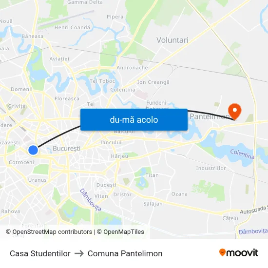 Harta de Casa Studentilor către Comuna Pantelimon