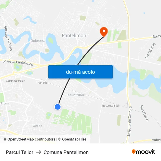 Harta de Parcul Teilor către Comuna Pantelimon