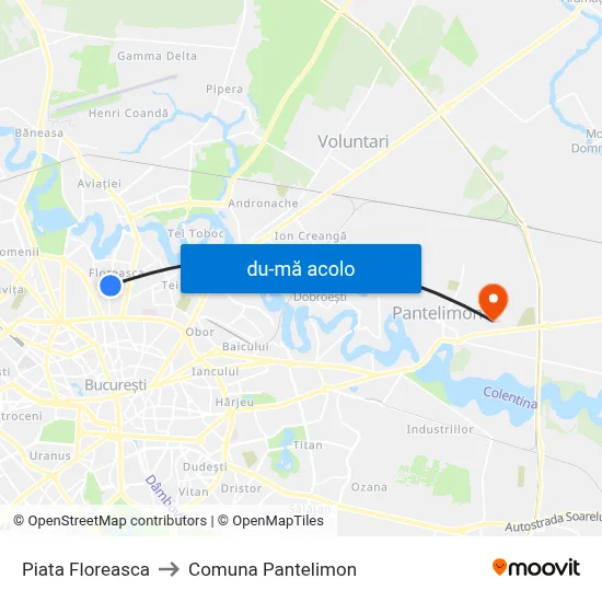 Harta de Piata Floreasca către Comuna Pantelimon