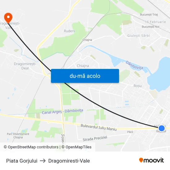 Harta de Piata Gorjului către Dragomiresti-Vale