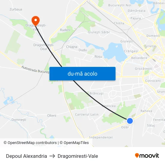 Harta de Depoul Alexandria către Dragomiresti-Vale
