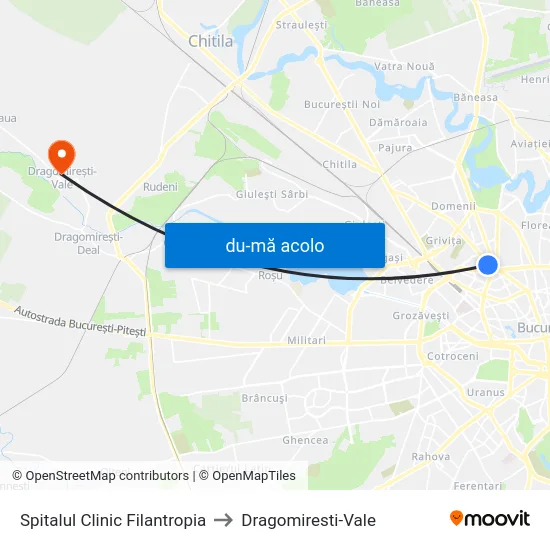 Harta de Spitalul Clinic Filantropia către Dragomiresti-Vale