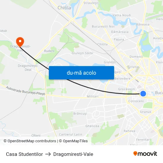 Harta de Casa Studentilor către Dragomiresti-Vale