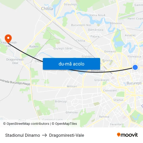 Harta de Stadionul Dinamo către Dragomiresti-Vale