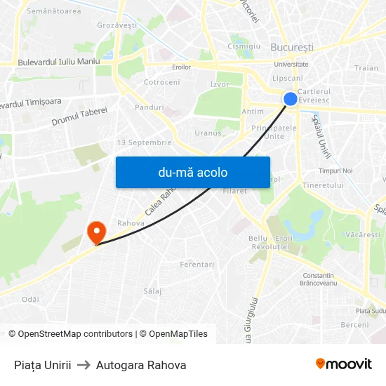 Harta de Piața Unirii către Autogara Rahova