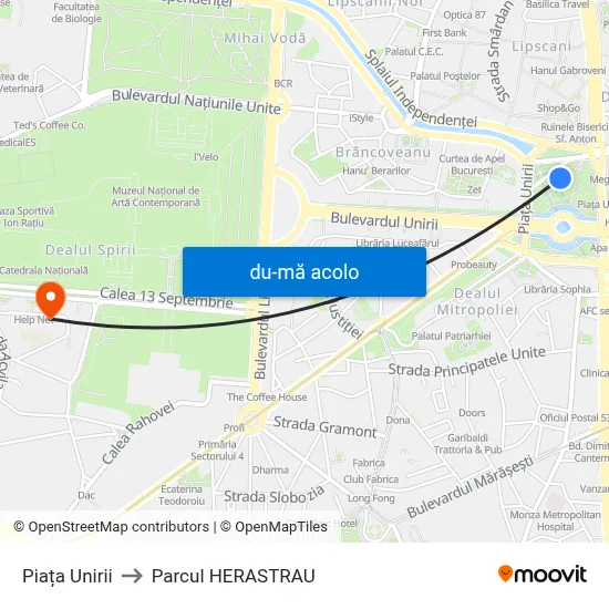 Harta de Piața Unirii către Parcul HERASTRAU