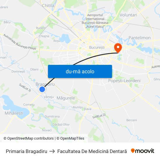 Harta de Primaria Bragadiru către Facultatea De Medicină Dentară