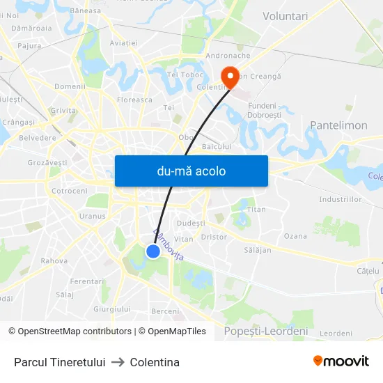 Harta de Parcul Tineretului către Colentina